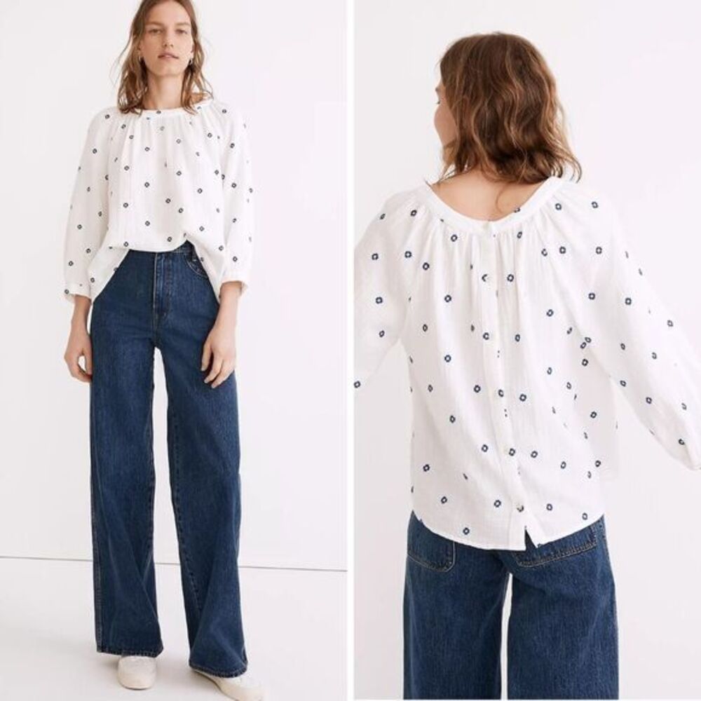 NEW Madewell Embroidered Lightspun Wide-Neck Cuffed-Sleeve Top, XS